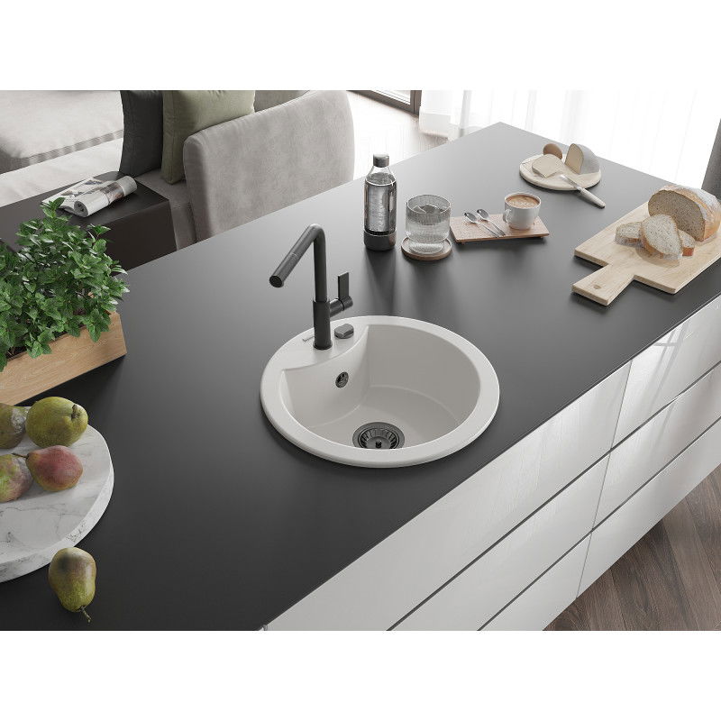 Mexen Diego chiuvetă de granit cu 1 compartiment cu baterie de bucătărie Flora, alb - 6512-20-670401-70-B