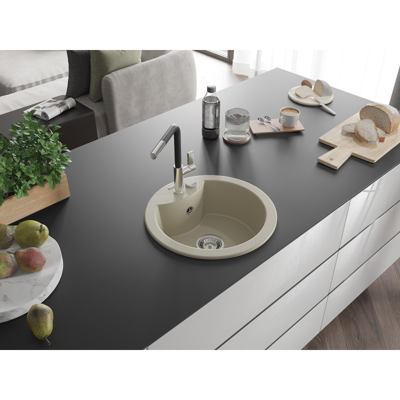 Mexen Diego chiuvetă de granit cu 1 cuvă cu baterie de bucătărie Flora, bej - 6512-69-670401-07