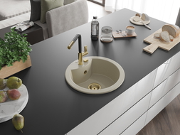 Mexen Diego chiuvetă de granit cu 1 compartiment cu baterie de bucătărie Flora, bej - 6512-69-670401-57-G