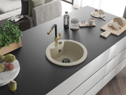 Mexen Diego chiuvetă de granit cu o cameră și baterie de bucătărie Flora, bej - 6512-69-670401-57-B