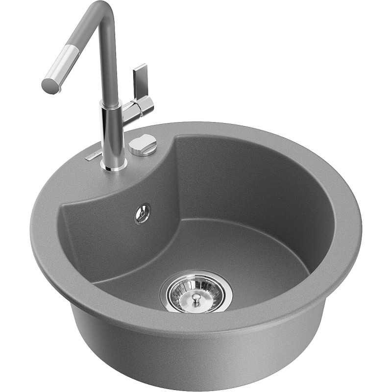 Mexen Diego chiuvetă de granit cu 1 compartiment cu baterie de bucătărie Flora, gri - 6512-71-670401-06