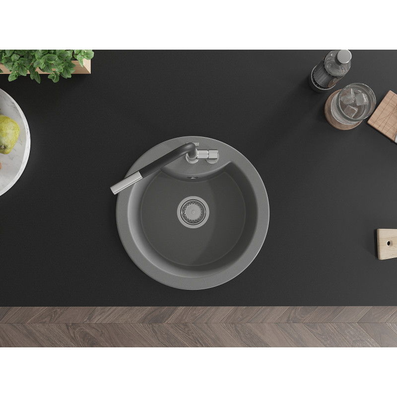 Mexen Diego chiuvetă de bucătărie din granit cu 1 compartiment și baterie Flora, gri - 6512-71-670401-07