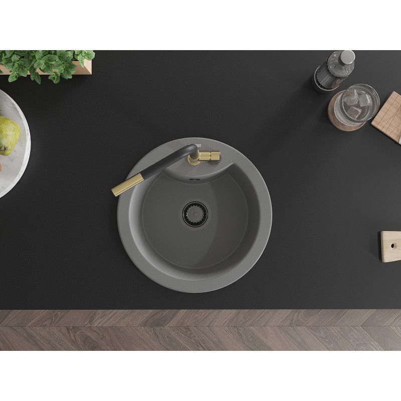 Mexen Diego egymedencés gránit mosogató Flora konyhai csapteleppel, szürke - 6512-71-670401-57-B