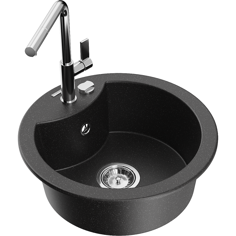 Mexen Diego chiuvetă granit 1-cameră cu baterie de bucătărie Flora, negru/argintiu metalizat - 6512-73-670401-00