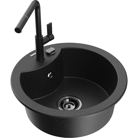 Mexen Diego 1-medencés gránit mosogató Flora konyhai csapteleppel, fekete/ezüst metál - 6512-73-670401-70-B