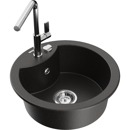 Mexen Diego chiuvetă granit 1-cameră cu baterie de bucătărie Flora, negru/auriu metalic - 6512-75-670401-00