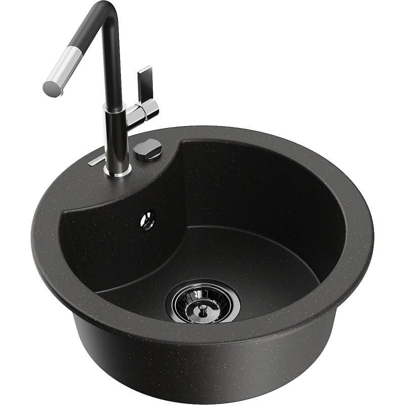Mexen Diego gránit mosogató 1 rekeszes konyhai csapteleppel Flora, fekete/arany metál - 6512-75-670401-07-B