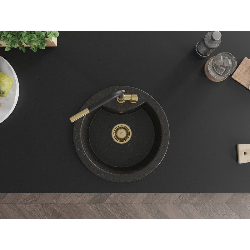 Mexen Diego egymedencés gránit mosogató Flora konyhai csapteleppel, fekete/arany metál - 6512-75-670401-57-G