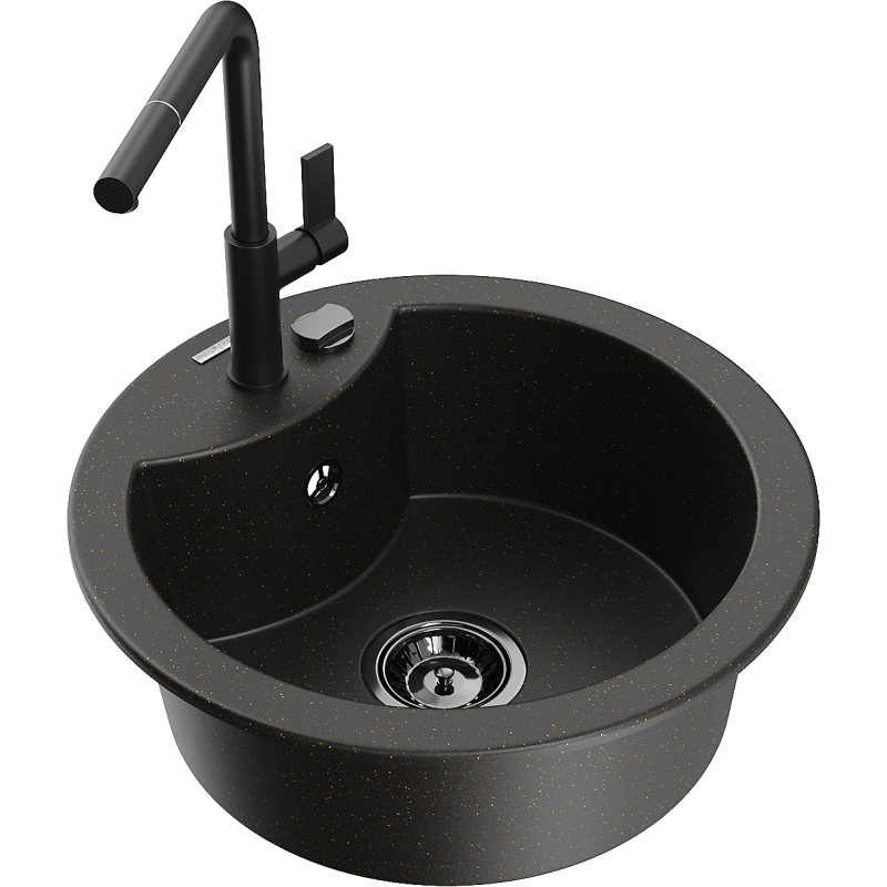 Mexen Diego 1-medencés gránit mosogató Flora konyhai csappal, fekete/arany metál - 6512-75-670401-70-B