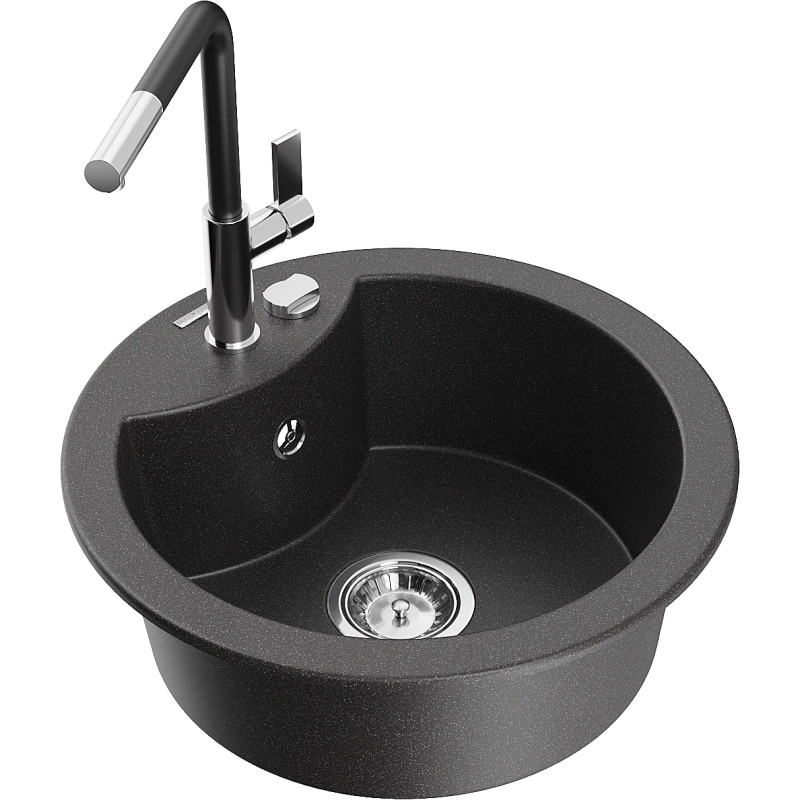 Mexen Diego chiuvetă granit 1-cu tăviță cu baterie de bucătărie Flora, negru cu picățele - 6512-76-670401-07