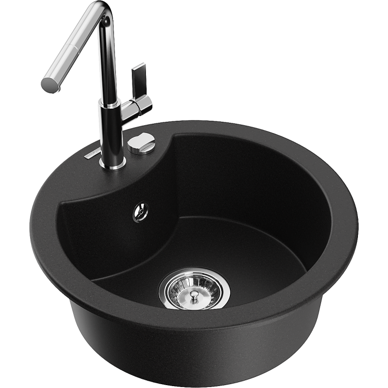Mexen Diego chiuvetă de bucătărie granit 1-cuvelar cu baterie Flora, negru - 6512-77-670401-00
