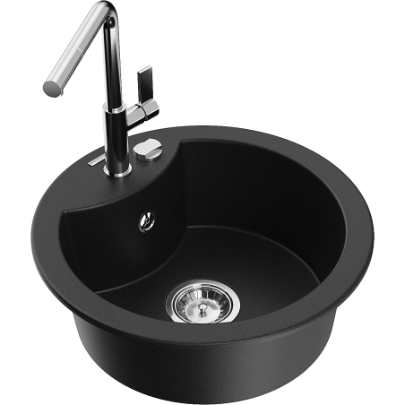 Mexen Diego chiuvetă de bucătărie granit 1-cuvelar cu baterie Flora, negru - 6512-77-670401-00