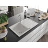 Mexen Bruno chiuvetă de granit cu un compartiment, cu picurător și baterie de bucătărie Flora, Albă - 6513-20-670401-00