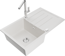 Mexen Bruno chiuvetă de granit cu 1 cuvă, cu scurgător și baterie de bucătărie Flora, alb - 6513-20-670401-00