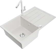 Mexen Bruno chiuvetă de granit cu 1 compartiment cu scurgător și baterie de bucătărie Flora, alb - 6513-20-670401-02