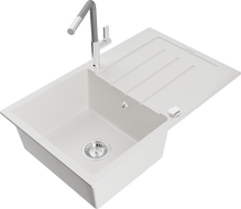 Mexen Bruno chiuvetă de granit cu 1 compartiment, cu scurgător și baterie de bucătărie Flora, albă - 6513-20-670401-06