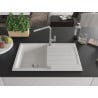 Mexen Bruno chiuvetă de granit cu un compartiment, cu picurător și baterie de bucătărie Flora, Albă - 6513-20-670401-06