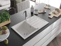 Mexen Bruno gránit mosogató 1 tálcás csöpögtetővel és Flora konyhai csapteleppel, fehér - 6513-20-670401-07
