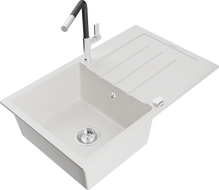 Mexen Bruno gránit mosogató 1 tálcás csöpögtetővel és Flora konyhai csapteleppel, fehér - 6513-20-670401-07