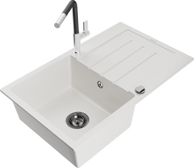 Mexen Bruno gránit mosogató 1 medencés csepegtetővel és Flora konyhai csapteleppel, fehér - 6513-20-670401-07-B