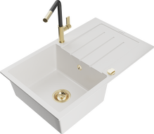 Mexen Bruno chiuvetă de bucătărie din granit 1-cameră cu scurgător și baterie de bucătărie Flora, alb - 6513-20-670401-57-G