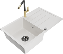 Mexen Bruno chiuvetă de granit cu o singură cuvă cu picurător și baterie de bucătărie Flora, alb - 6513-20-670401-57-B