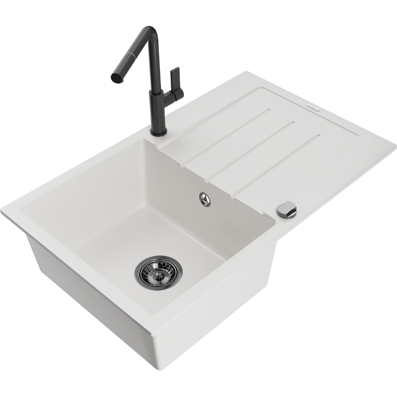 Mexen Bruno chiuvetă de bucătărie din granit cu 1 vas, cu scurgător și baterie Flora, albă - 6513-20-670401-70-B