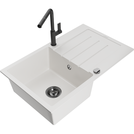 Chiuvetă de granit Mexen Bruno cu o cuvă și scurgător și baterie de bucătărie Flora, alb - 6513-20-670401-70-B