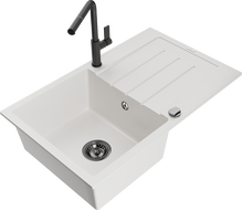 Mexen Bruno egymedencés gránit mosogató csepegtetővel és Flora konyhai csapteleppel, fehér - 6513-20-670401-70-B