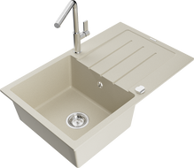 Mexen Bruno chiuvetă de bucătărie din granit cu 1 compartiment și scurgător și baterie Flora, bej - 6513-69-670401-00