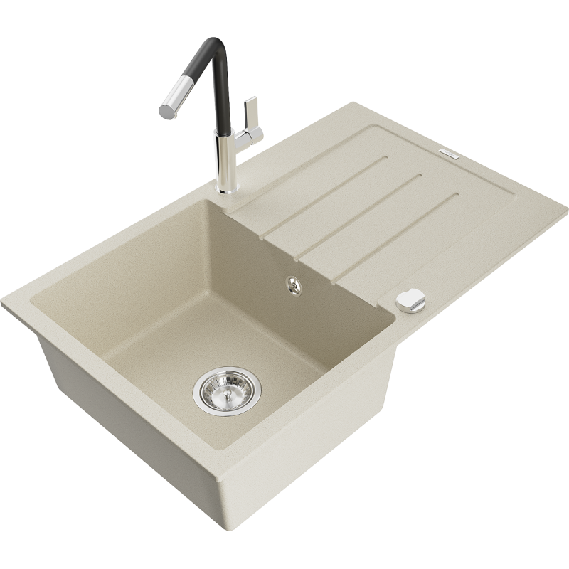 Mexen Bruno chiuvetă de granit cu 1 compartiment, cu picurător și baterie de bucătărie Flora, bej - 6513-69-670401-07