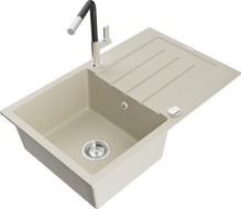 Mexen Bruno chiuvetă de granit cu 1 compartiment, cu picurător și baterie de bucătărie Flora, bej - 6513-69-670401-07