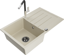 Mexen Bruno egymedencés gránit mosogató csepegtetővel és Flora konyhai csapteleppel, bézs - 6513-69-670401-07-B