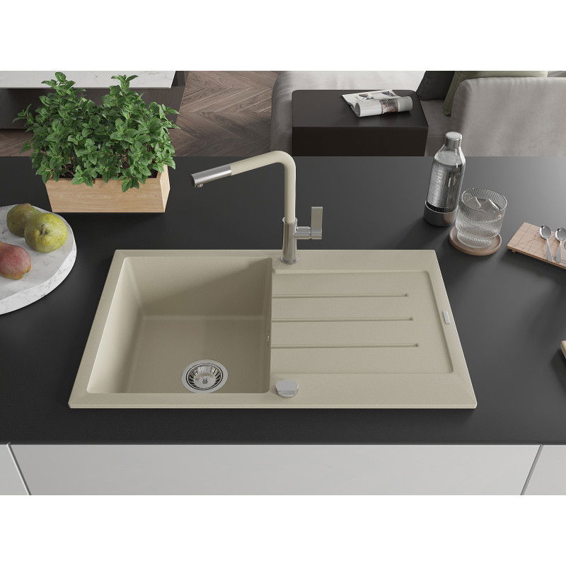 Mexen Bruno chiuvetă de granit cu 1 compartiment, cu scurgător și baterie de bucătărie Flora, bej - 6513-69-670401-09