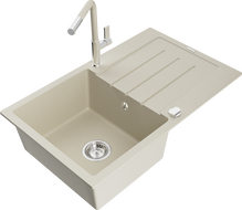 Mexen Bruno 1-medencés gránit mosogató csepegtetővel és Flora konyhai csappal, bézs - 6513-69-670401-09