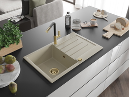 Mexen Bruno chiuvetă de granit cu 1 compartiment cu scurgător și baterie de bucătărie Flora, bej - 6513-69-670401-57-G