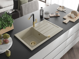 Mexen Bruno egymedencés gránit mosogató csepegtetővel és Flora konyhai csappal, bézs - 6513-69-670401-57-G