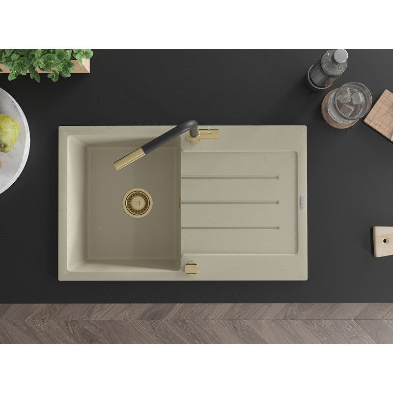 Mexen Bruno chiuvetă de granit cu 1 compartiment cu scurgător și baterie de bucătărie Flora, bej - 6513-69-670401-57-G
