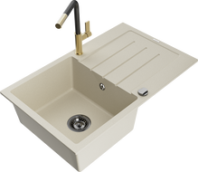 Mexen Bruno chiuvetă din granit cu 1 compartiment cu scurgător și baterie de bucătărie Flora, bej - 6513-69-670401-57-B