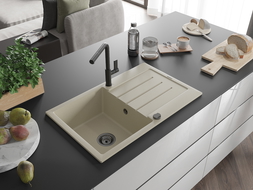 Mexen Bruno chiuvetă de granit cu 1 compartiment cu picurător și baterie de bucătărie Flora, bej - 6513-69-670401-70-B