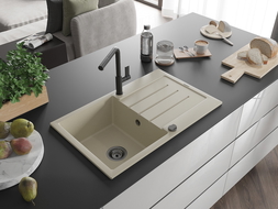 Mexen Bruno egymedencés gránit mosogató csepegtetővel és Flora konyhai csapteleppel, bézs - 6513-69-670401-70-B