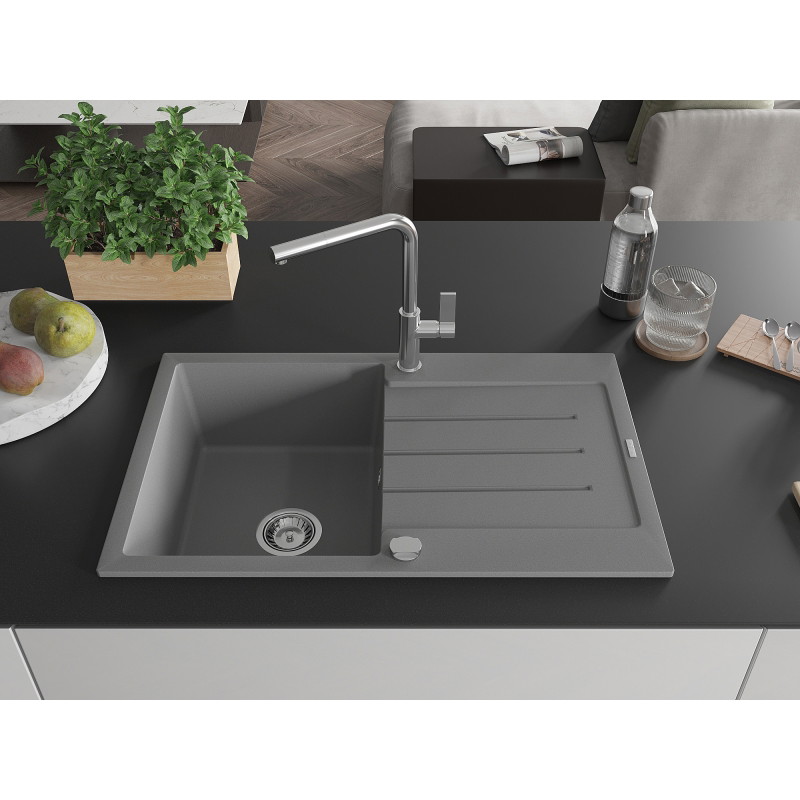 Mexen Bruno chiuvetă de granit cu 1 compartiment cu picurător și baterie de bucătărie Flora, gri - 6513-71-670401-00