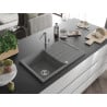 Mexen Bruno chiuvetă de granit cu un compartiment, cu picurător și baterie de bucătărie Flora, Gri - 6513-71-670401-00