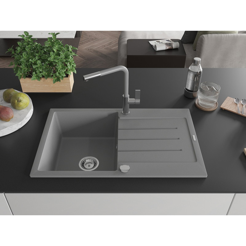 Mexen Bruno chiuvetă de granit cu 1 compartiment cu scurgător și baterie de bucătărie Flora, gri - 6513-71-670401-06