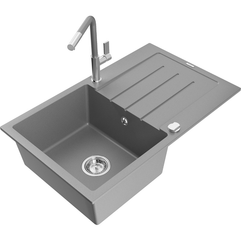Mexen Bruno chiuvetă de bucătărie din granit cu 1 bască cu picurător și baterie Flora, gri - 6513-71-670401-06