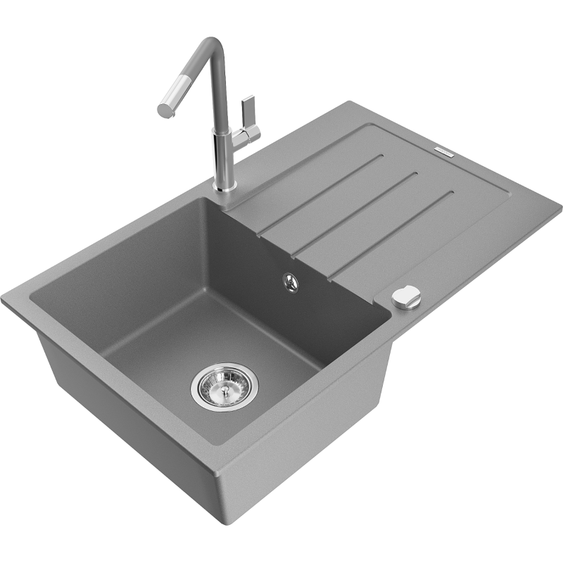 Mexen Bruno egymedencés gránit mosogató csepegtetővel és Flora konyhai csapteleppel, szürke - 6513-71-670401-06