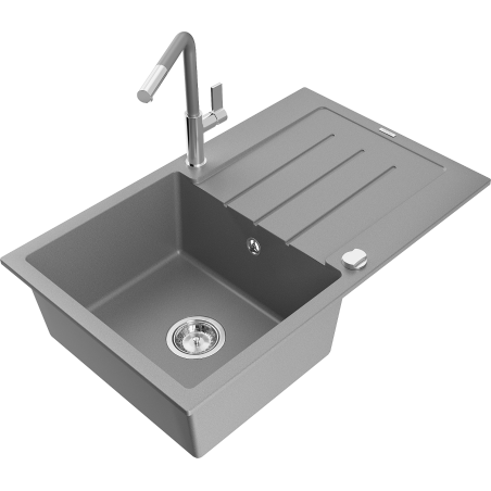 Mexen Bruno egymedencés gránit mosogató csepegtetővel és Flora konyhai csapteleppel, szürke - 6513-71-670401-06