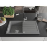 Mexen Bruno chiuvetă de granit cu 1 compartiment cu picurător și baterie de bucătărie Flora, gri - 6513-71-670401-07
