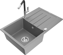 Mexen Bruno chiuvetă de granit cu 1 compartiment cu scurgător și baterie de bucătărie Flora, gri - 6513-71-670401-07