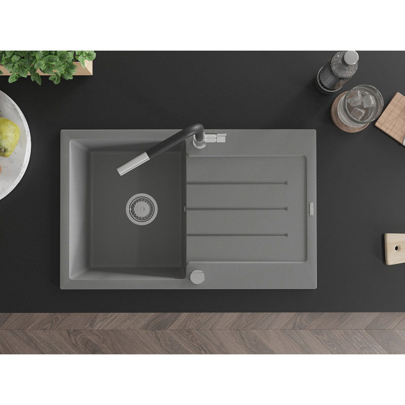 Mexen Bruno chiuvetă de granit cu 1 compartiment cu scurgător și baterie de bucătărie Flora, gri - 6513-71-670401-07